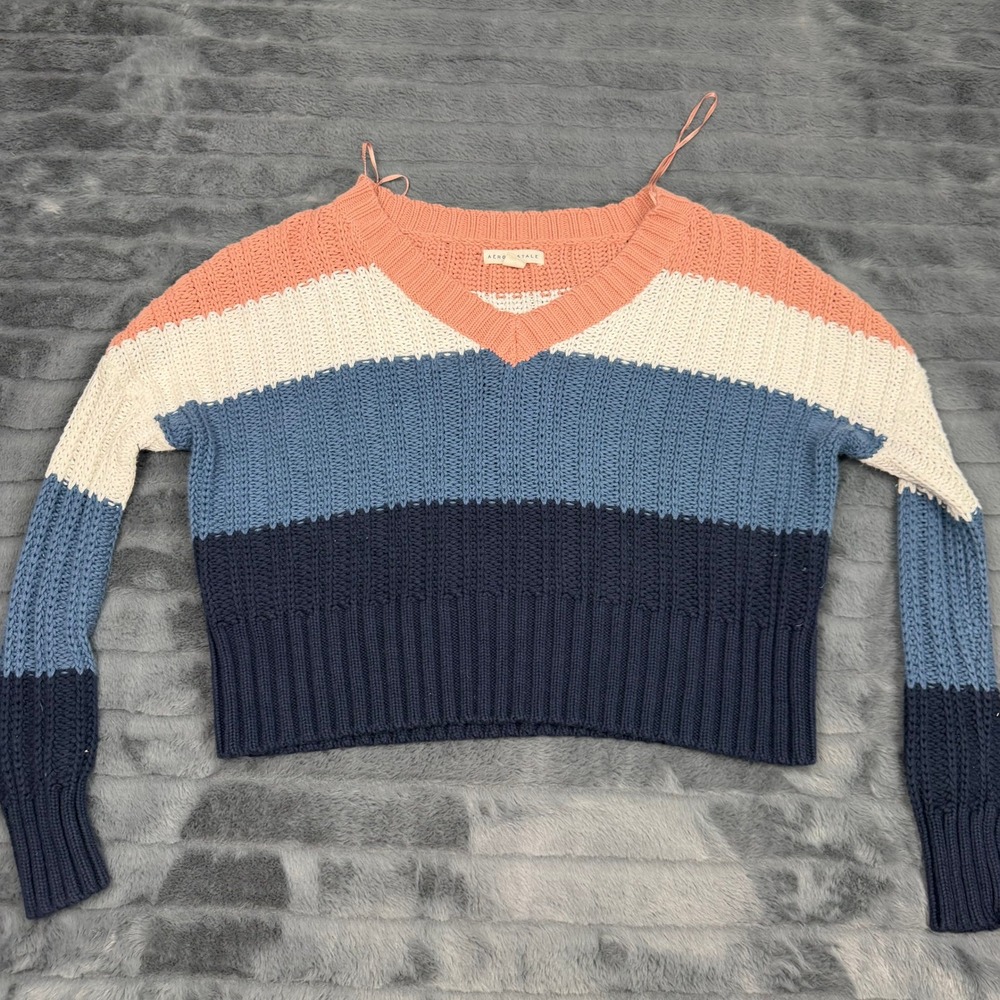 Aeropostale Womens XS Colorblock V-Neck Shaker Knit Cropped Sweater Blue Coral